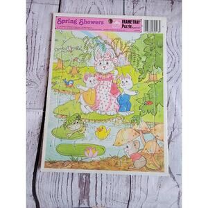 Vintage 80s Spring Showers Frame Tray Bunny Easter Puzzle Ages 3-7 Golden